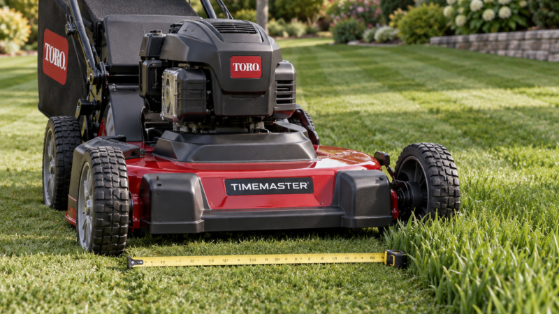 Toro TimeMaster push mower on a neatly edged lawn, with a measuring tape beside its wide cutting deck and grass bag visible.