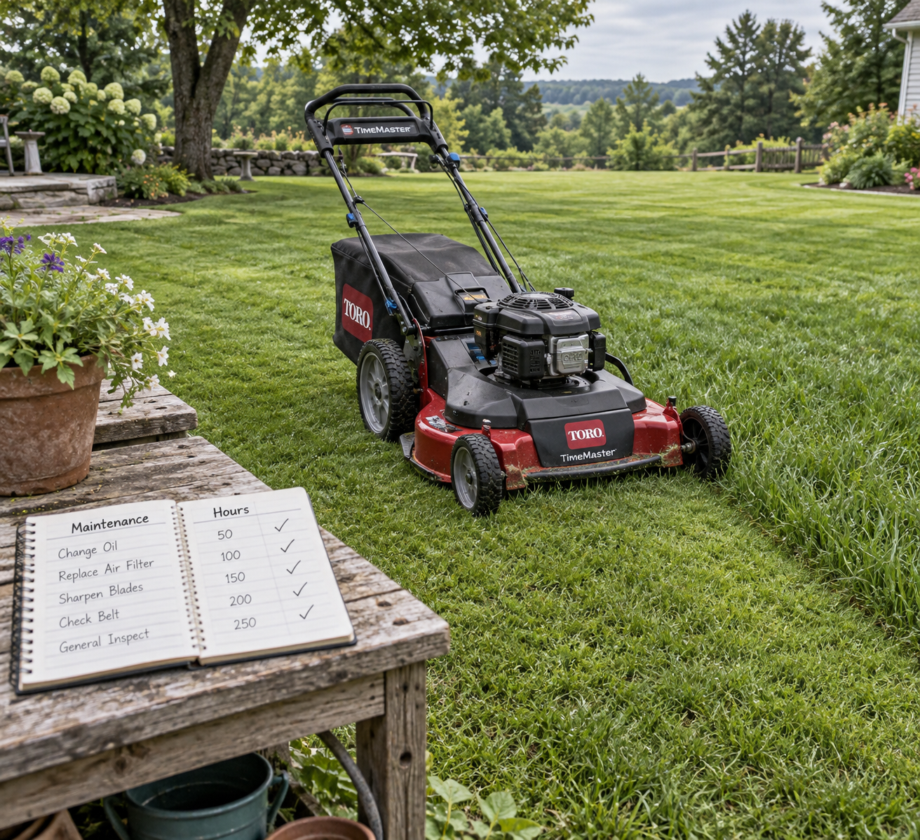 Toro TimeMaster push mower parked on a freshly cut lawn beside a maintenance log, with taller grass marking the next pass.