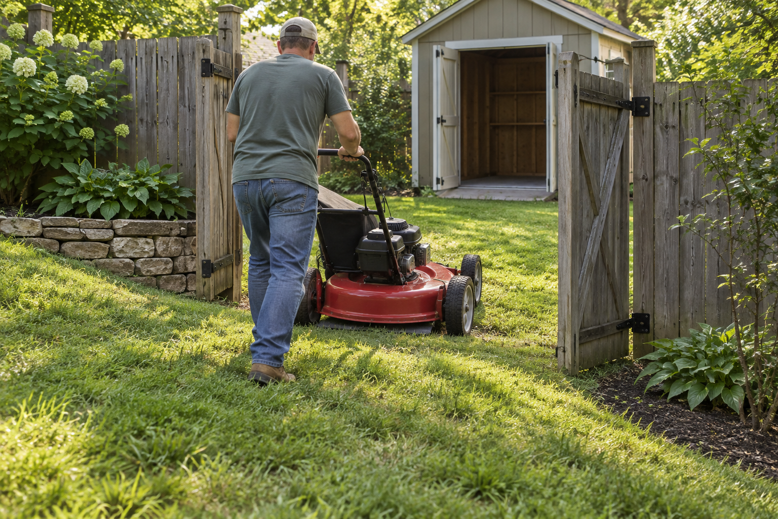 A person guides a toro timemaster push mower up a grassy slope toward an open gate, with a garden shed beyond.