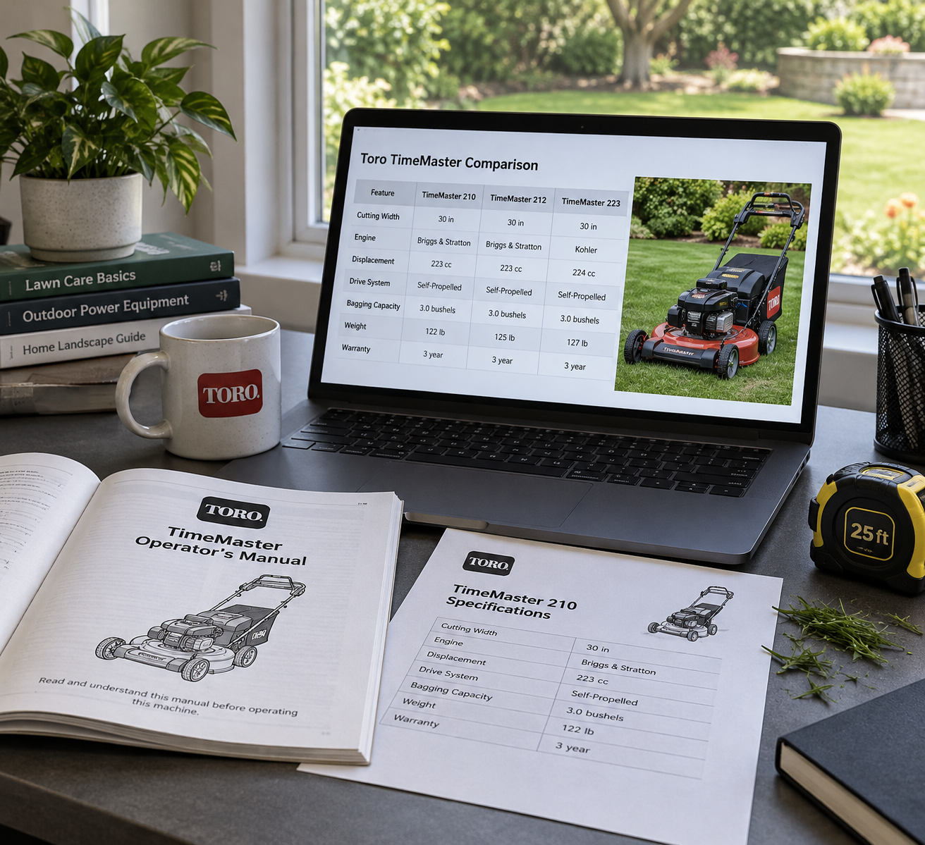 Research desk with mower manual, specs, and comparison table beside a lawn photo of the Toro TimeMaster push mower.