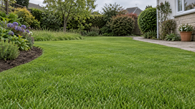 A neatly mown residential lawn meaning maintained grass fills the foreground beside a curved flower bed and garden path.
