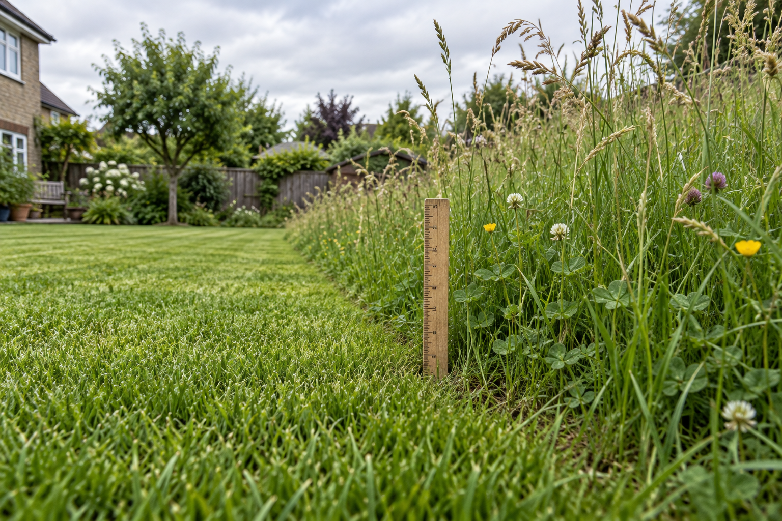 Low-angle view of a mown lawn meeting tall wild grass, with a wooden ruler illustrating lawn meaning and height contrast.