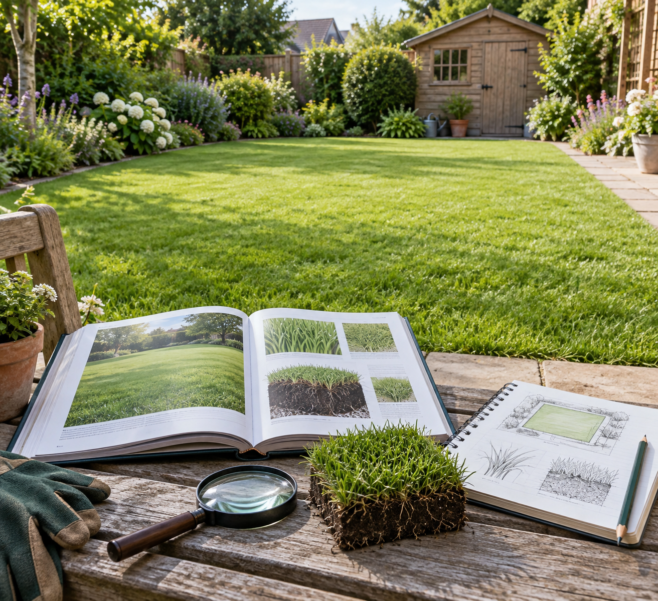 A gardening book, lawn sketches, magnifying glass, and turf sample sit on a bench before a neat green lawn, illustrating lawn meaning.